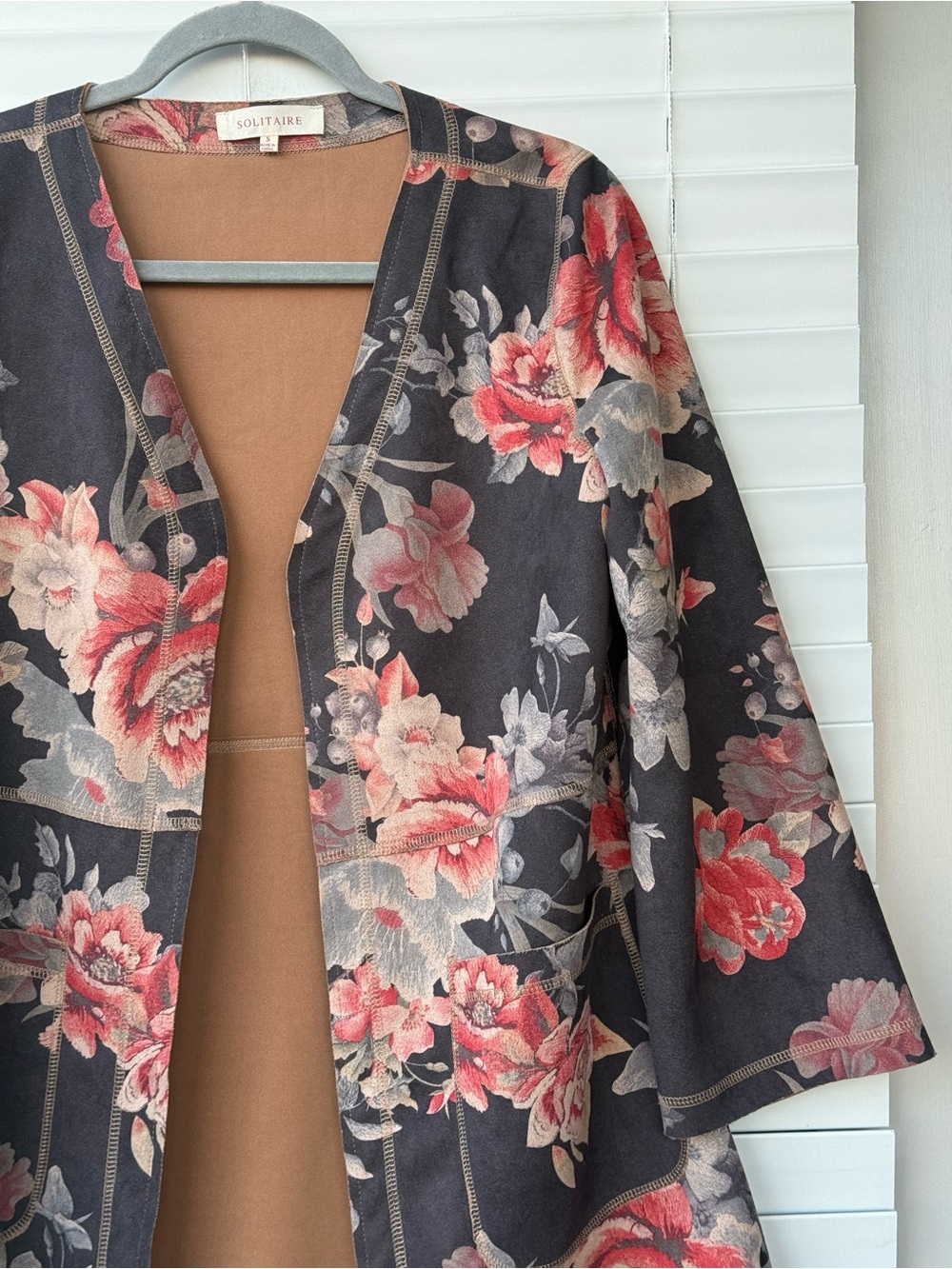 Solitaire Anthropologie Floral Faux Suede Open Front Duster Jacket Coat S Boho - Picture 7 of 13